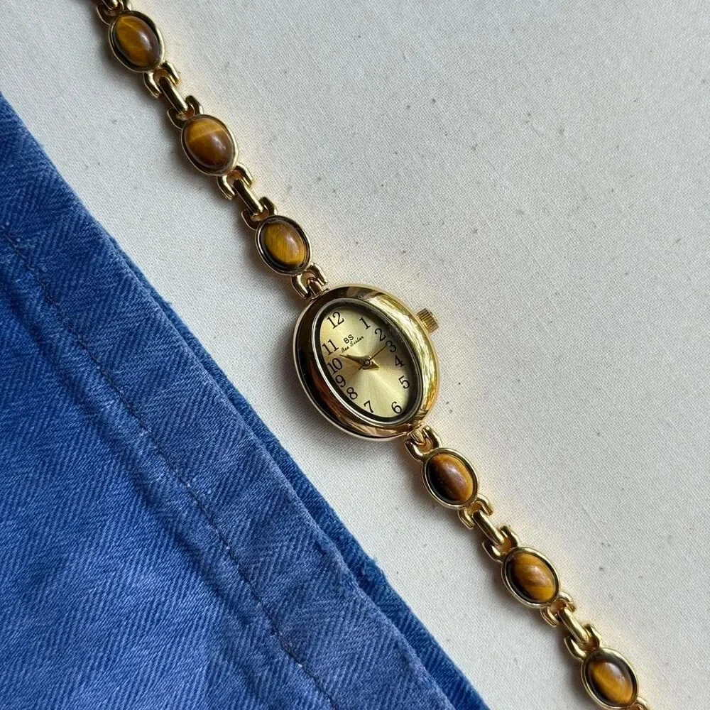 y2k cute gold round stainless steel quartz brown stone charm watch